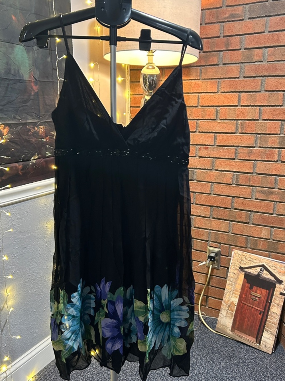 Eva Blue Black V-Neck Floral Hem Sundress